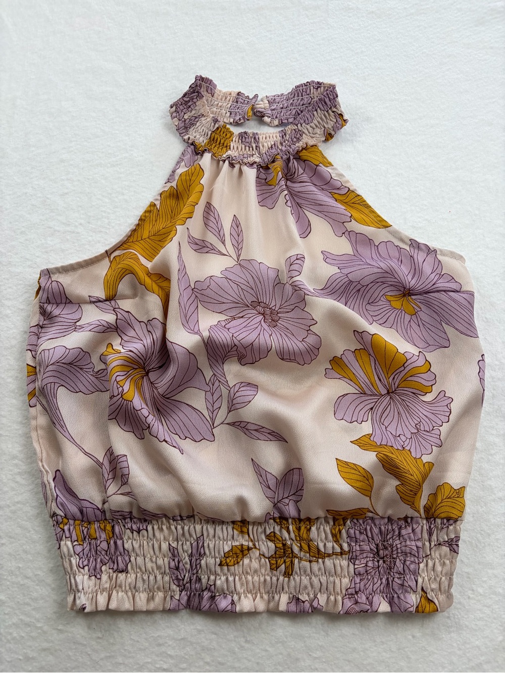 Monteau Lavender Floral Halter Crop Top with Mustard‎ Accents